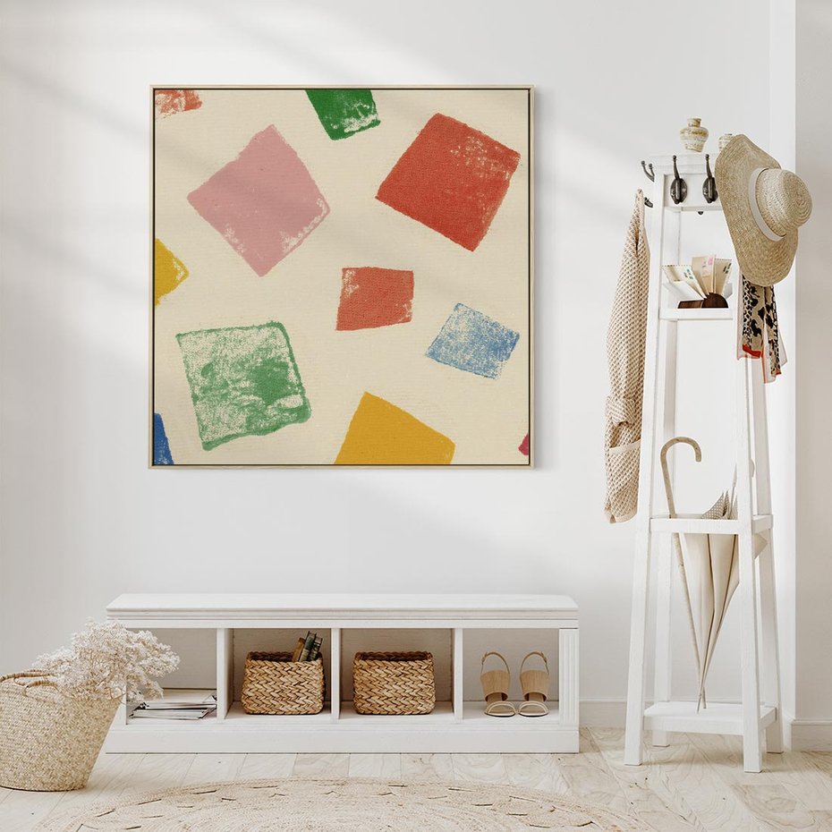 Obraz w ramie 50x50 - Tęczowe Rytmy - kolorowe tęczowe kwadraty, wesoły kolaż - rama drewno