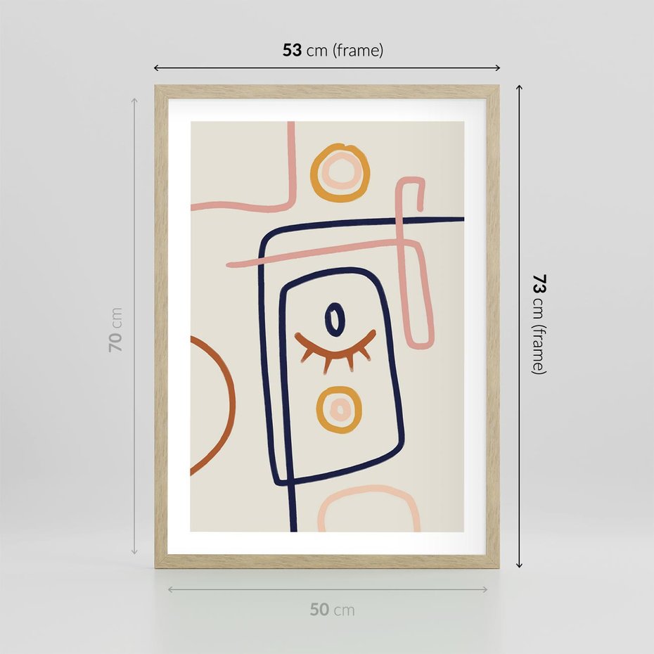 Plakat w ramie 50x70 - Manifestacje Dziwności - abstrakcja w stylu picasso, beżowe tło - rama drewno