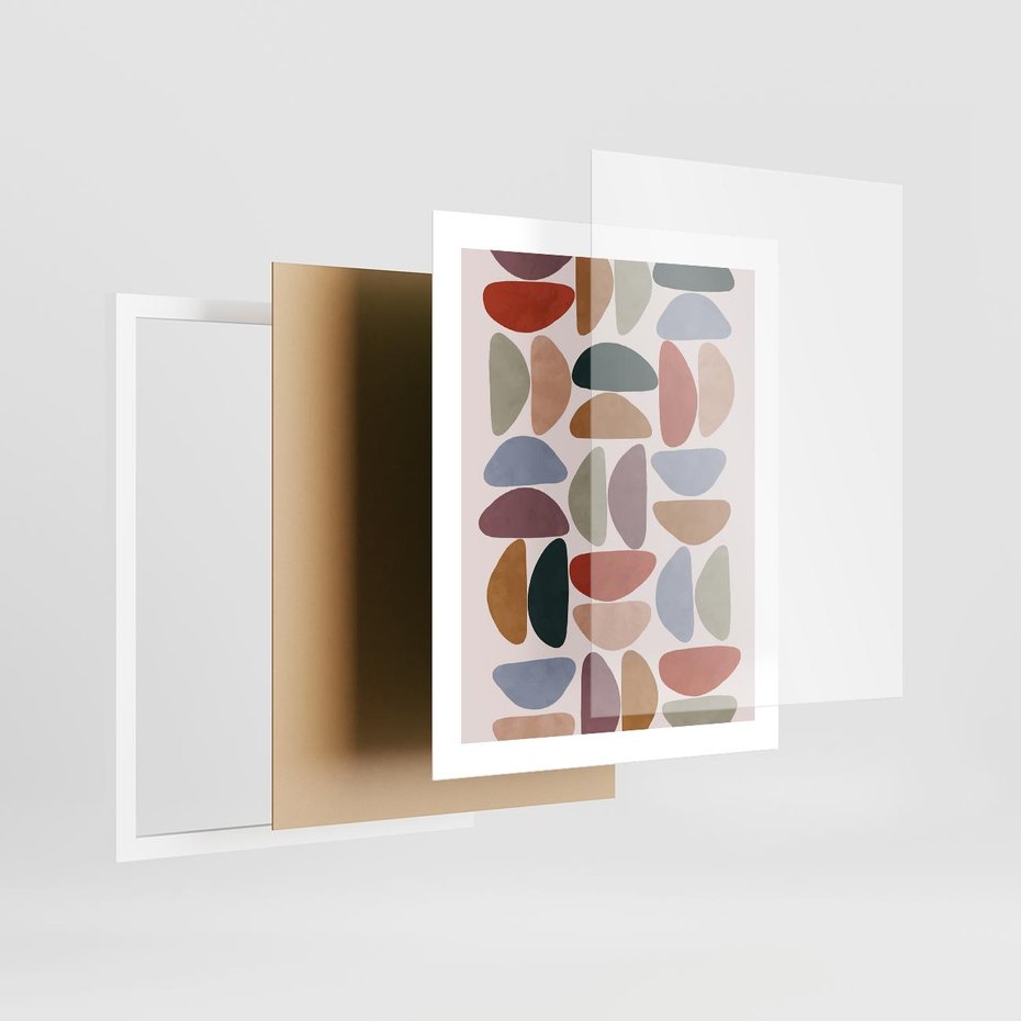 Plakat w ramie 40x50 - Kolorowe Echo Boho - abstrakcyjny obraz, geometryczna kompozycja - rama biała