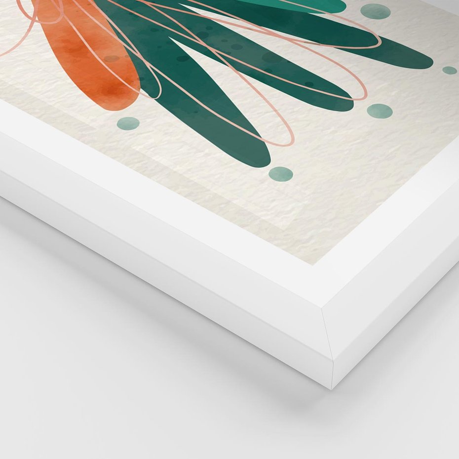 Plakat w ramie 30x40 - Energetyczna Harmonia Kwiatów - akwarelowe abstrakcyjne kształty, zieleń i pomarańcz - rama biała