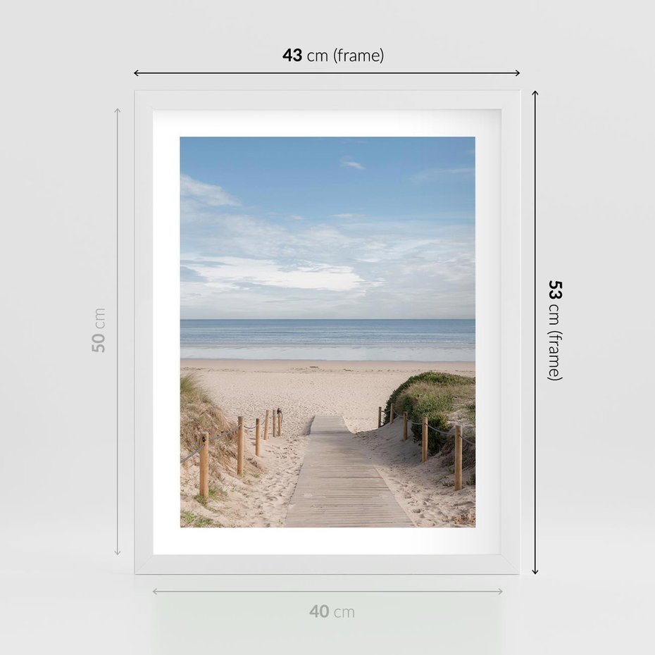 Plakat w ramie 40x50 - Plażowy pomost - plaża, pomost - rama biała