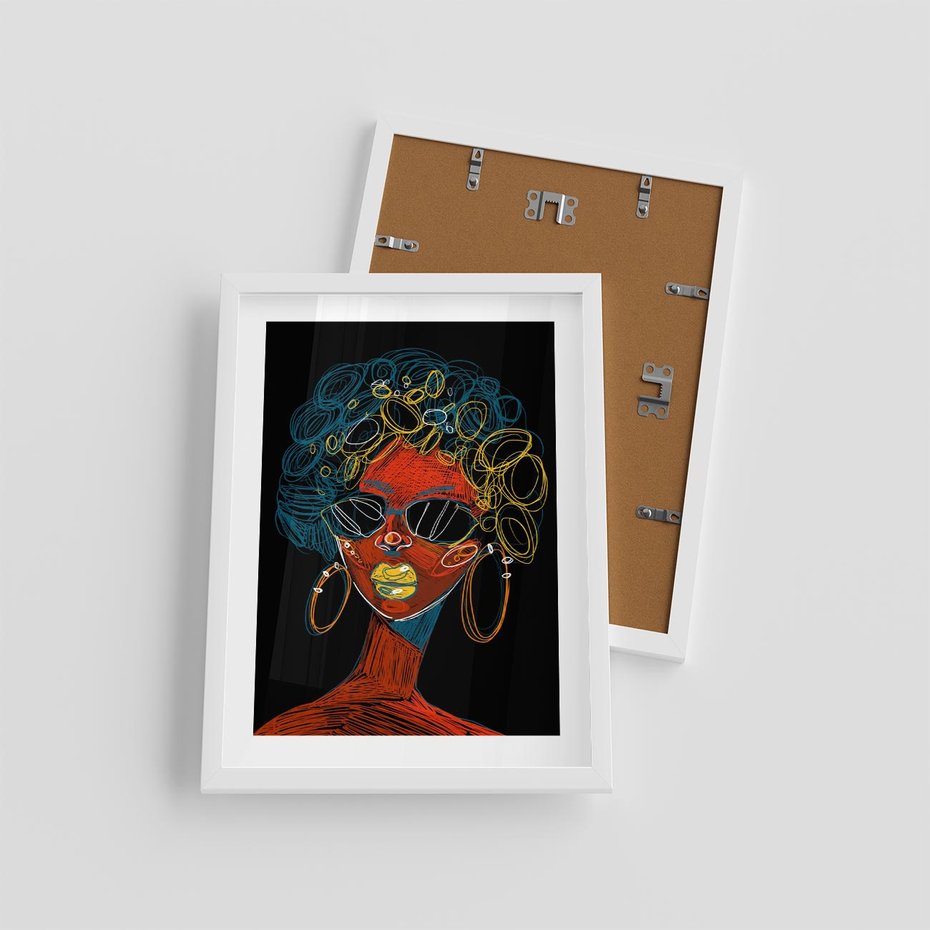 Plakat w ramie 30x40 - Kolorowe Wibracje Rzeczywistości - abstrakcyjny portret kobiety, twarz - rama biała