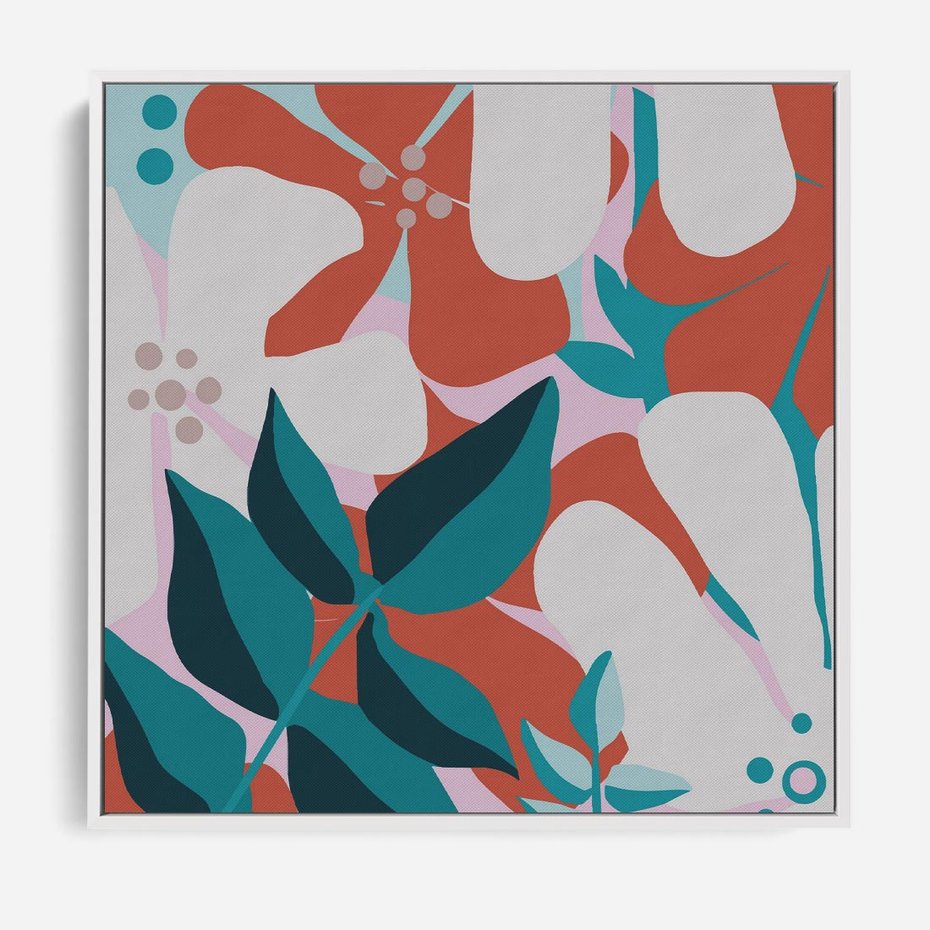 Obraz w ramie 50x50 - Harmonijne Formy - abstrakcyjna kompozycja kwiatowych form, kolor zgaszone - rama biała