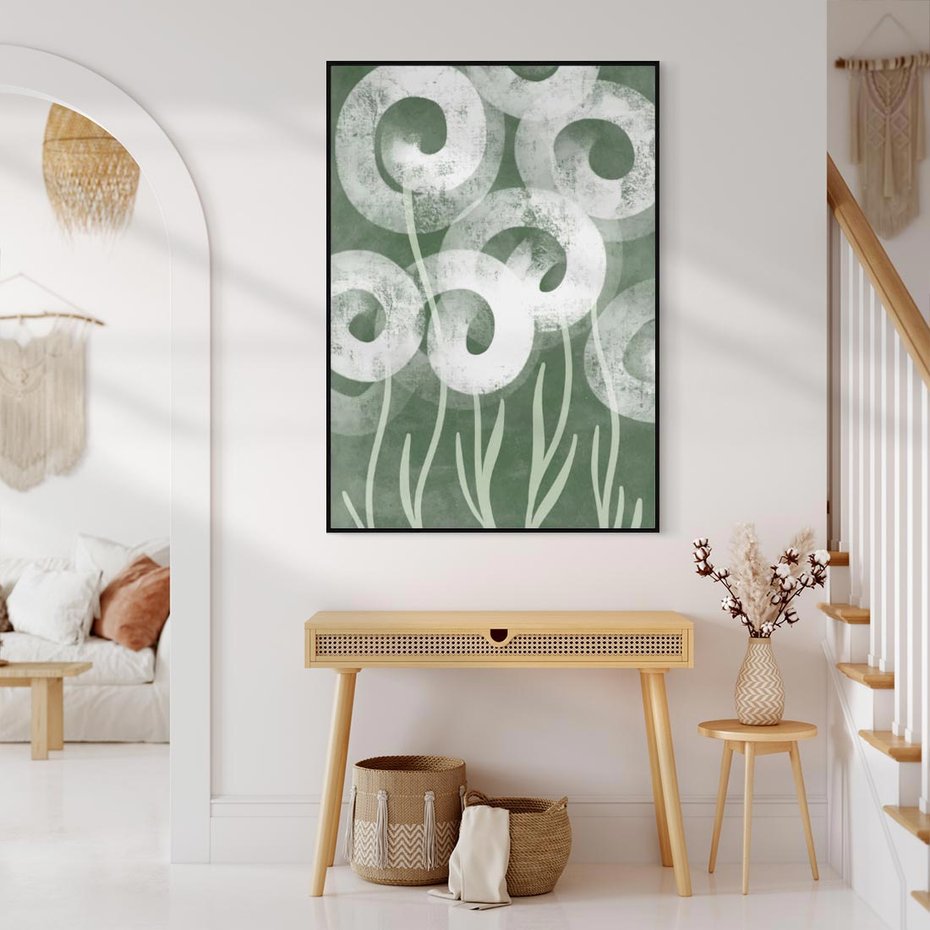 Obraz w ramie 70x100 - Spokojne Plamy Natury - zielony plakat, roślinne motywy - rama czarna