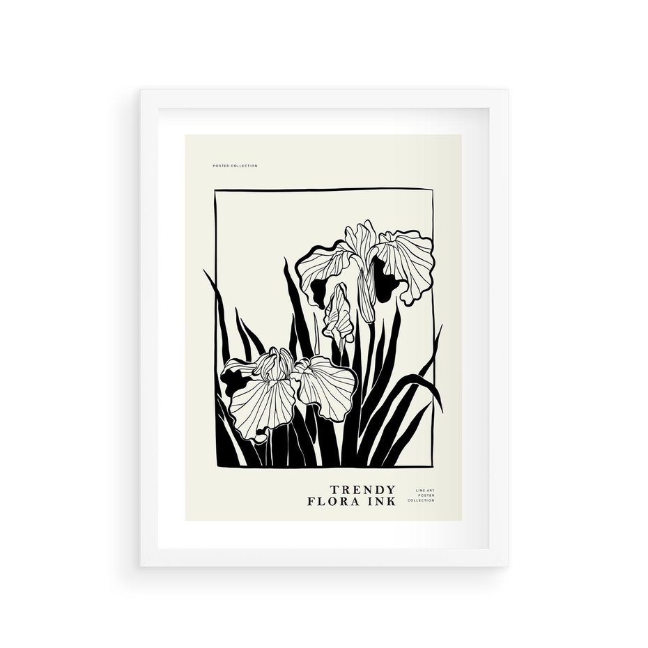 Plakat w ramie 30x40 - Spojrzenia na szkicowaną przeszłość - kwiaty, typografia - rama biała