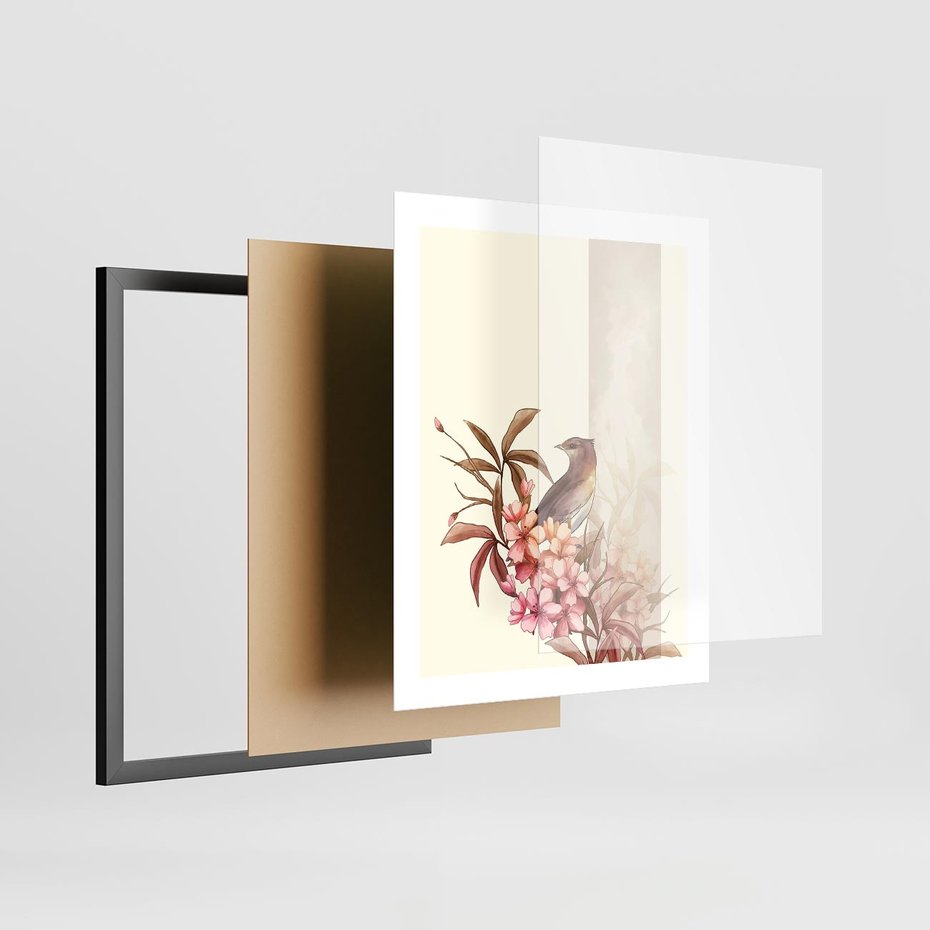 Plakat w ramie 40x50 - Kwiatowe Zanurzenie - japońska sztuka, ptak - rama czarna