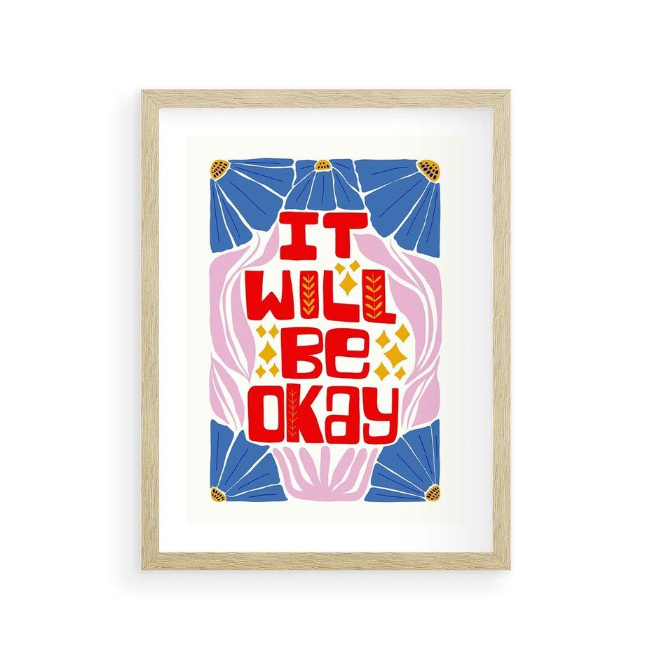 Plakat w ramie 30x40 - Kwiatowa Ekstaza - czerwona pozytywna typografia, kwiatowa kompozycja - rama drewno