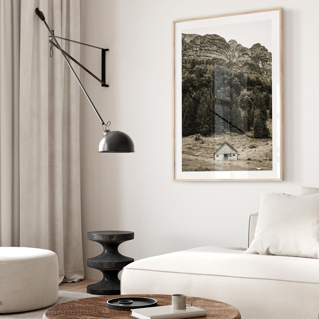 Plakat w ramie 50x70 - Dom w Odcieniach Natury - domek w górach, góry - rama drewno