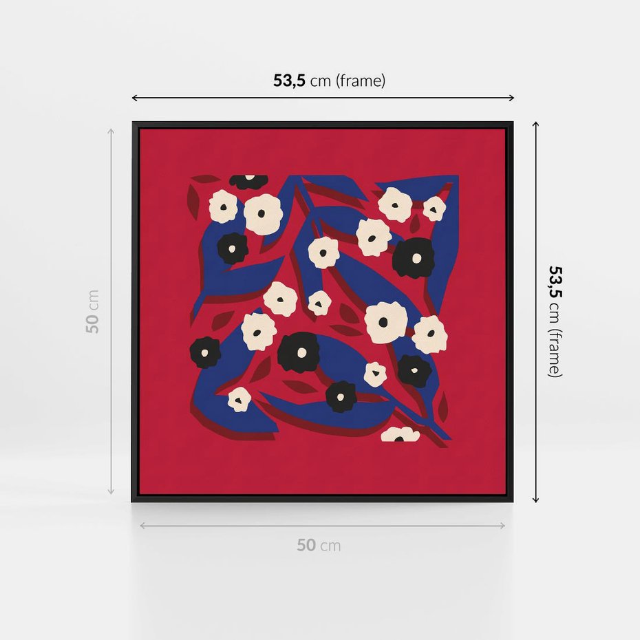 Obraz w ramie 50x50 - Kolorowe Przenikanie - abstrakcyjna kwiatowa kompozycja, czerwone mocne tło - rama czarna