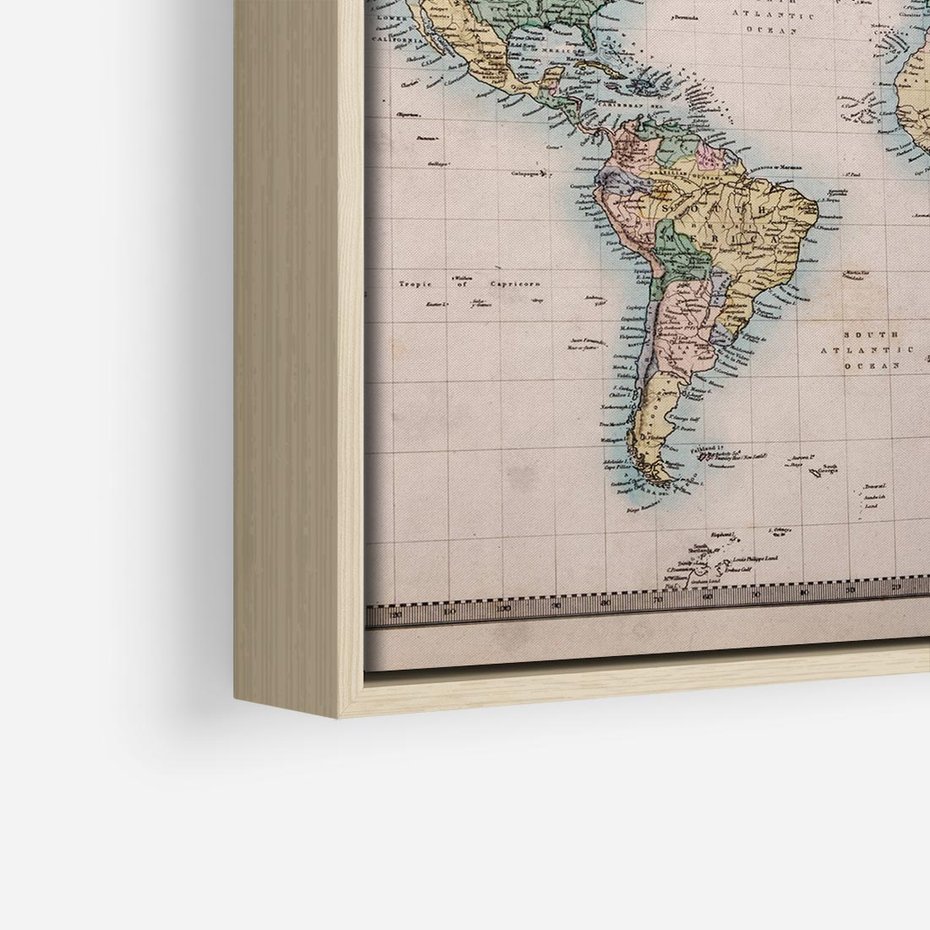 Obraz w ramie 50x50 - Światło Przeszłości - retro mapa świata, mapa - rama drewno