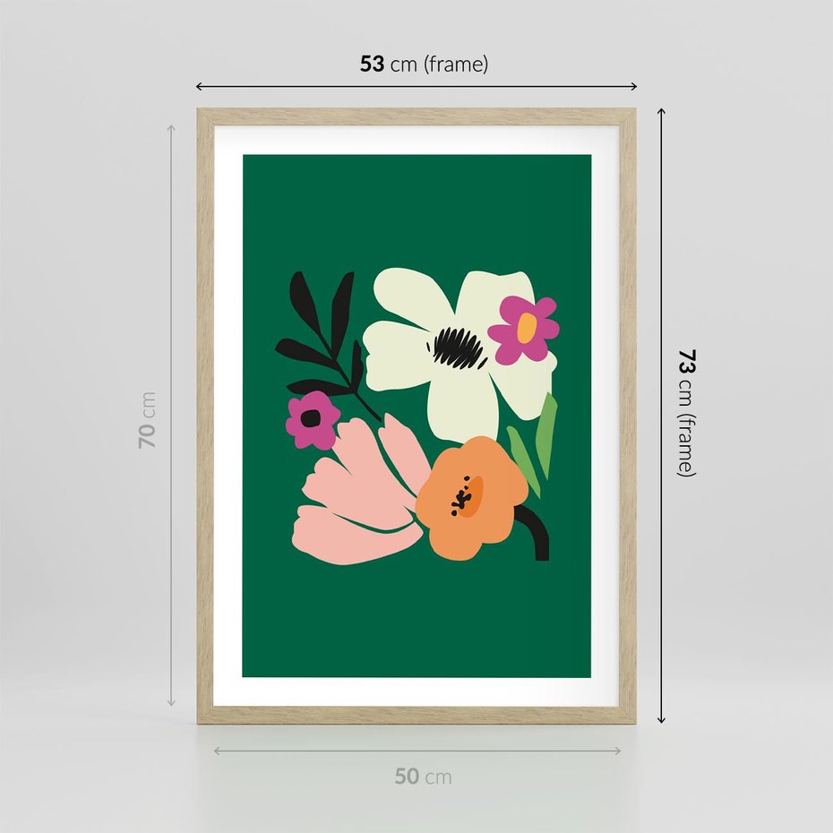 Plakat w ramie 50x70 - Rozbijające Echa - abstrakcyjne kwiaty, zielone tło - rama drewno