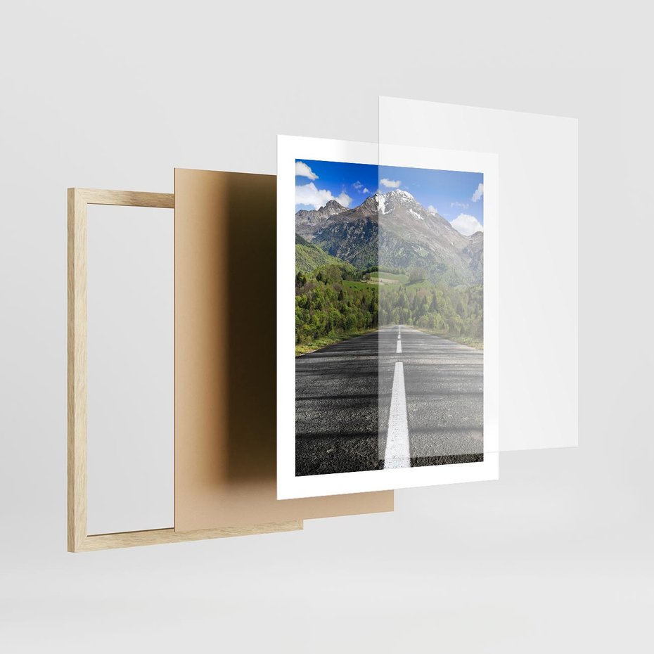 Plakat w ramie 40x50 - Droga przez góry: podróż do przygody - droga, góry - rama drewno