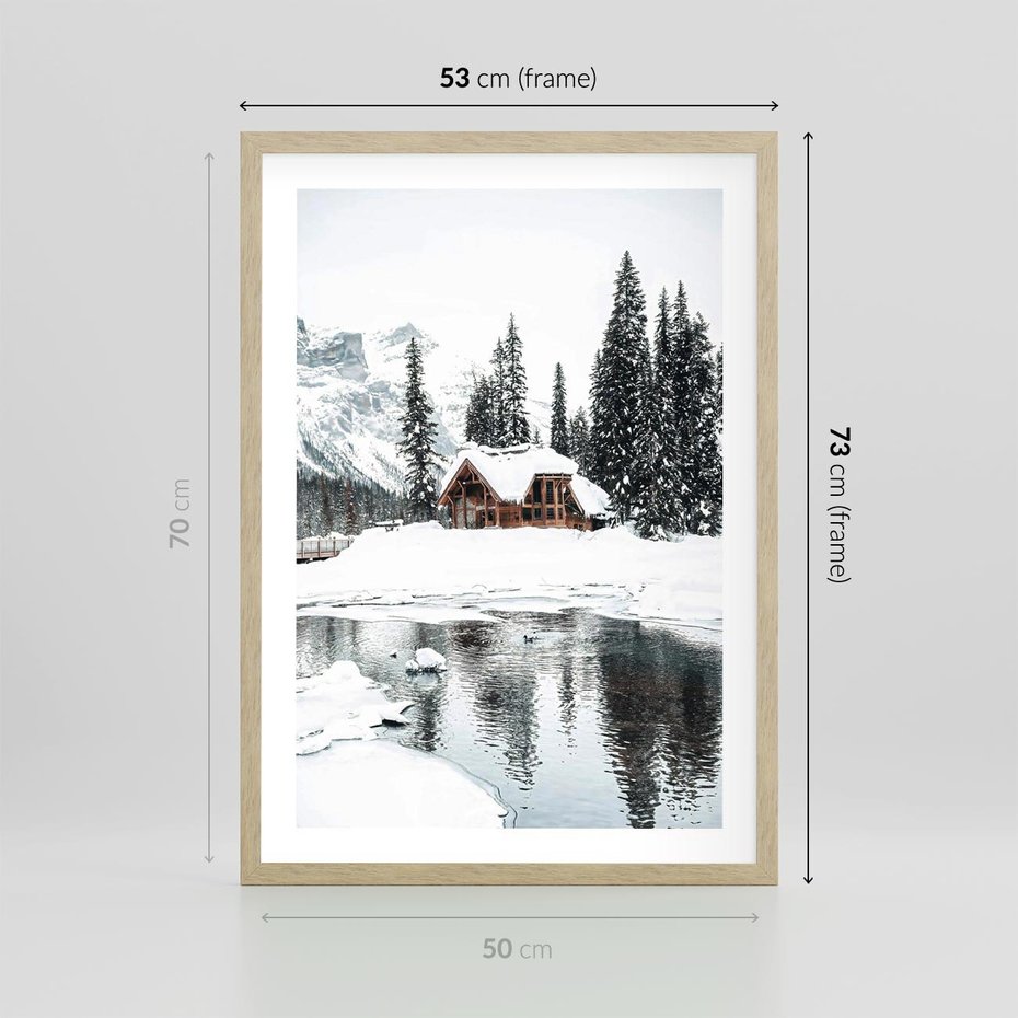 Plakat w ramie 50x70 - Urok Zimowego Krajobrazu - domek w górach, zima - rama drewno