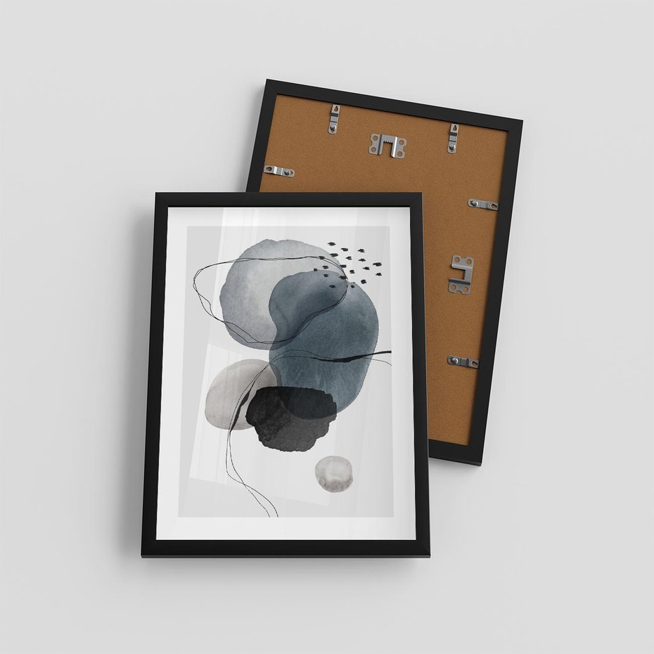 Plakat w ramie 30x40 - Wibracje Kształtów - abstrakcyjne plamy akwarelowe, czarny szkic - rama czarna