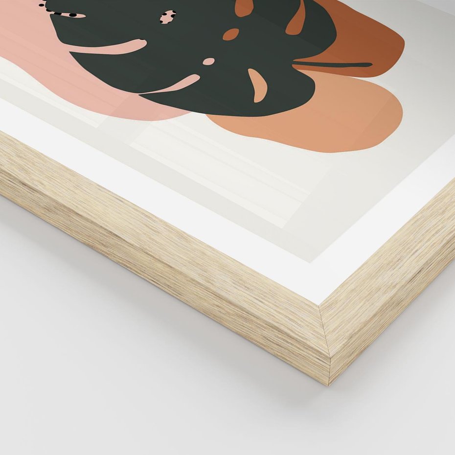 Plakat w ramie 50x70 - Minimalizm w Liściach Monstery: Plamy i Kropki - minimalizm, monstera plamy - rama drewno