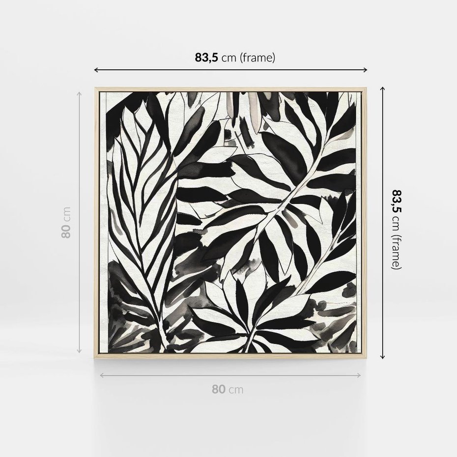 Obraz w ramie 80x80 - Czarne Liście - akwarelowy obraz, czarno biały - rama drewno