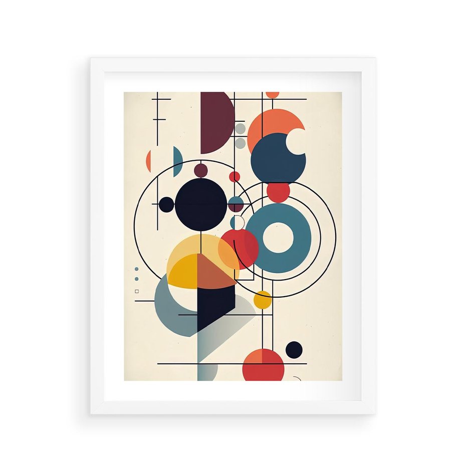 Plakat w ramie 40x50 - Rozbijające Barwne Granice - abstrakcyjna geometryczna kompozycja, koła linie - rama biała