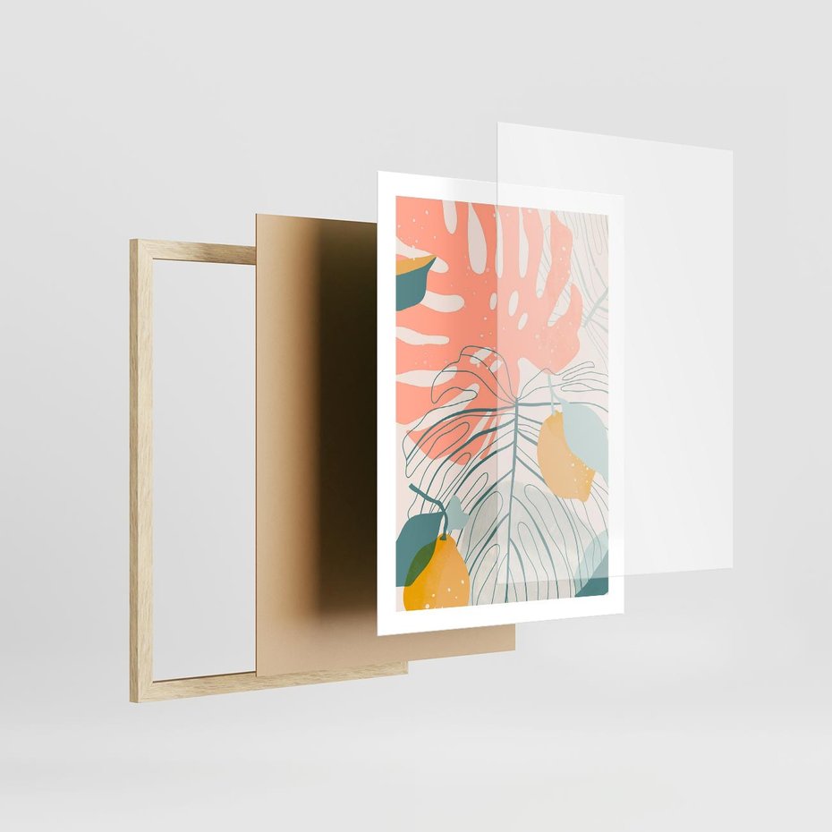 Plakat w ramie 50x70 - Sztuka Natury: Liście Monstery w Pastelach - nowoczesna grafika, pastelowe liście monstery - rama drewno