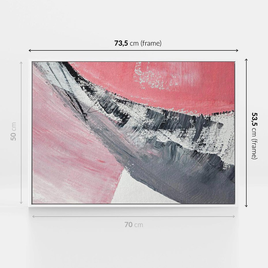 Obraz w ramie 70x50 - Kontrastujący Ruch Emocji - abstrakcyjne pasy farby, kolory róż szary czarny - rama biała