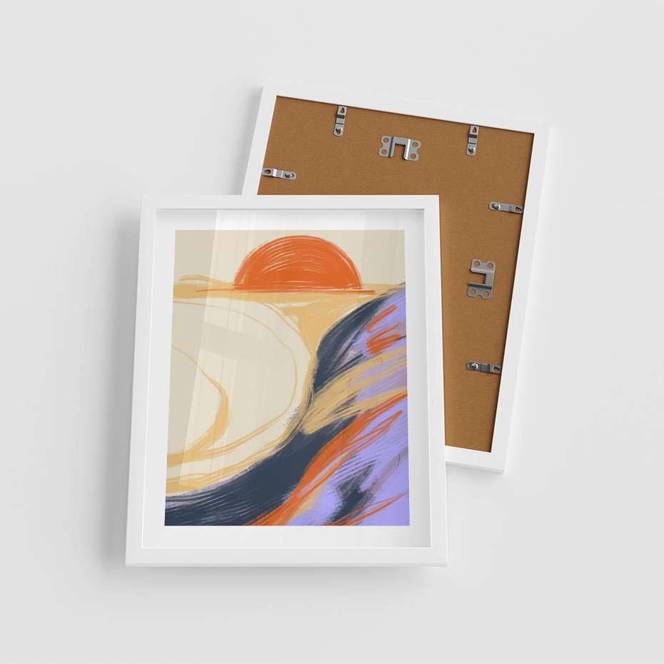Plakat w ramie 40x50 - Pomarańczowy Horyzont - pastelowy krajobraz, nowoczesny plakat - rama biała