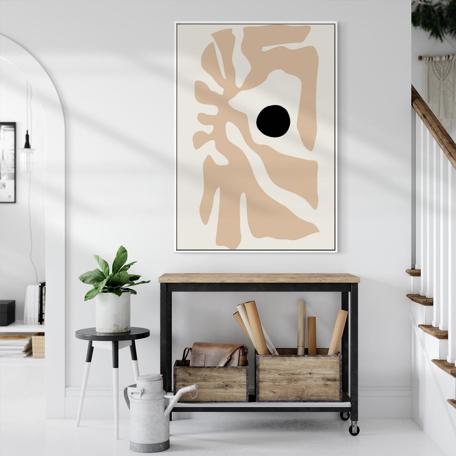Obraz w ramie 70x100 - Eksploracja Abstrakcji - beżowa absrakcyjna kompozycja, czarny akcent - rama biała