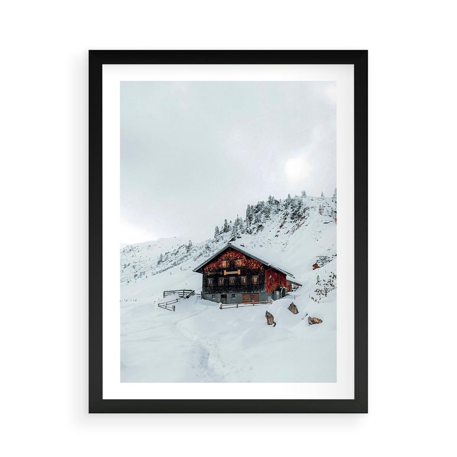 Plakat w ramie 50x70 - Zimowa Magia - domek, śnieg - rama czarna