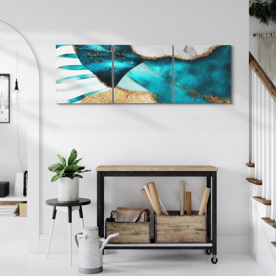Obraz na płótnie 90x30 - Rozlane Turkusy - Turkusowe plamy, złote elementy