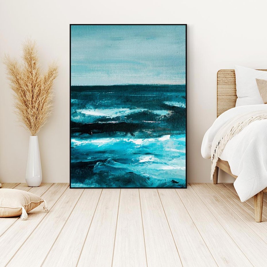 Obraz w ramie 70x100 - Burza Nad Granatowym Oceanem - piękny marynistyczny obraz olejny, wzburzone ciemne morze - rama czarna