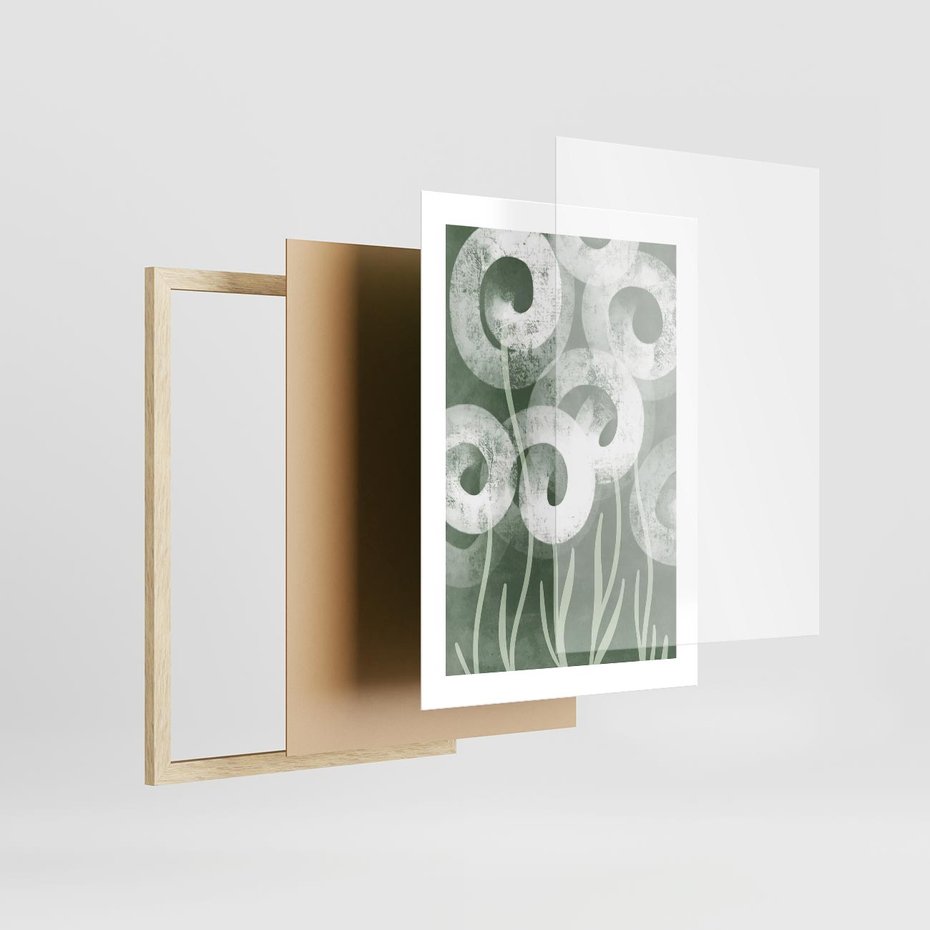 Plakat w ramie 30x40 - Spokojne Plamy Natury - zielony plakat, roślinne motywy - rama drewno