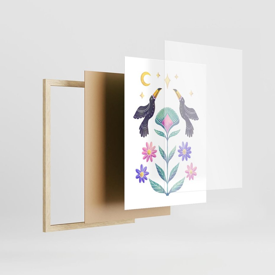 Plakat w ramie 30x40 - Przenikająca Dżungla - boho plakat, tukany - rama drewno