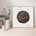 Obraz w ramie 50x50 - Impulsy Kreatywności - abstrakcyjna czarna plama, rozsiane pomarańczowe kropki - rama drewno