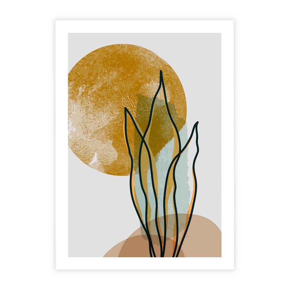 Plakat bez ramy 40x50 - Światło Natury: Graficzne Liście i Złote Słońce - grafika, graficzne liście