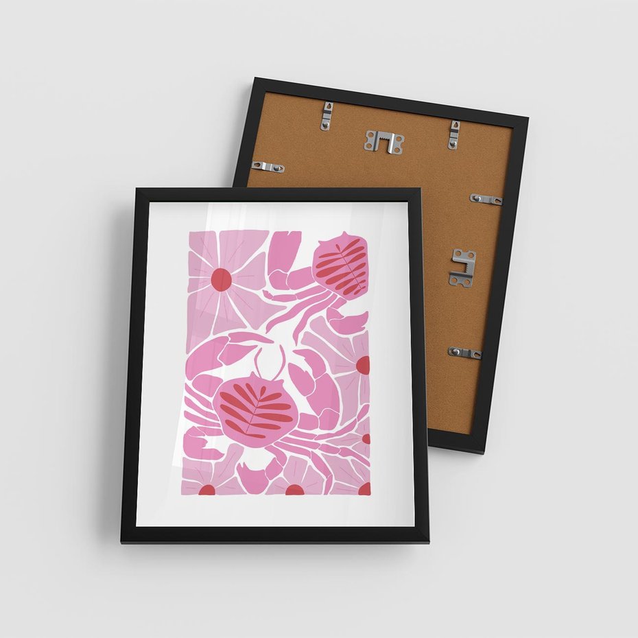 Plakat w ramie 40x50 - Roztańczone Kraby - różowe kwiaty i kraby, abstrakcyjna kompozycja - rama czarna