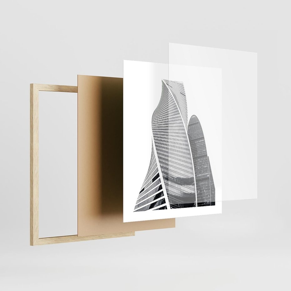 Plakat w ramie 40x50 - Wieżowce z Falistymi Kształtami - nowoczesne wieżowce, czarno biała fotografia - rama drewno
