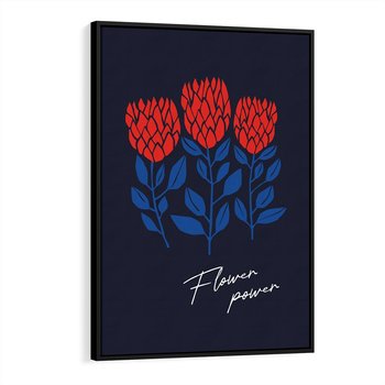 Obraz w ramie 50x70 - Podróżne Barwy - czerwone abstrakcyjne kwiaty, granatowe tło - rama czarna