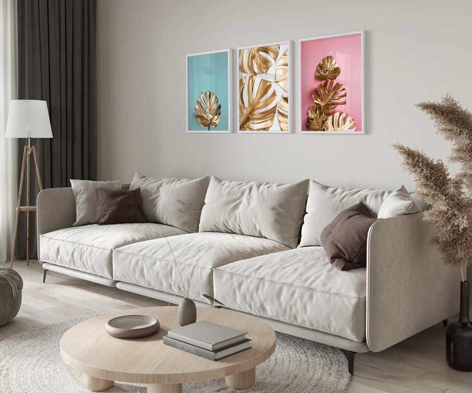 Zestaw obrazy w ramie 30x40 galeria - Złota, monstera, pastele - rama biała