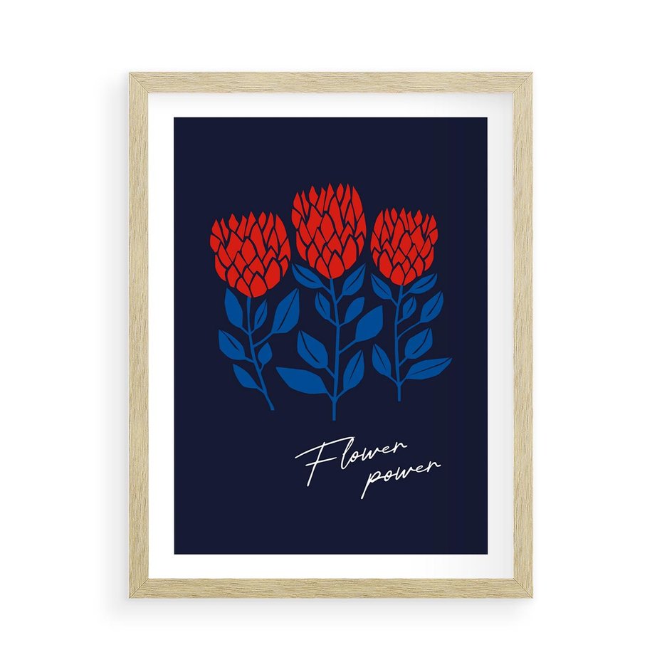 Plakat w ramie 50x70 - Podróżne Barwy - czerwone abstrakcyjne kwiaty, granatowe tło - rama drewno