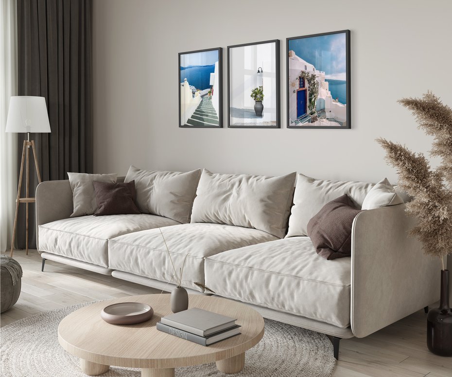 Zestaw obrazy w ramie 50x70 galeria - Santorini, białe, domki, morze - rama czarna