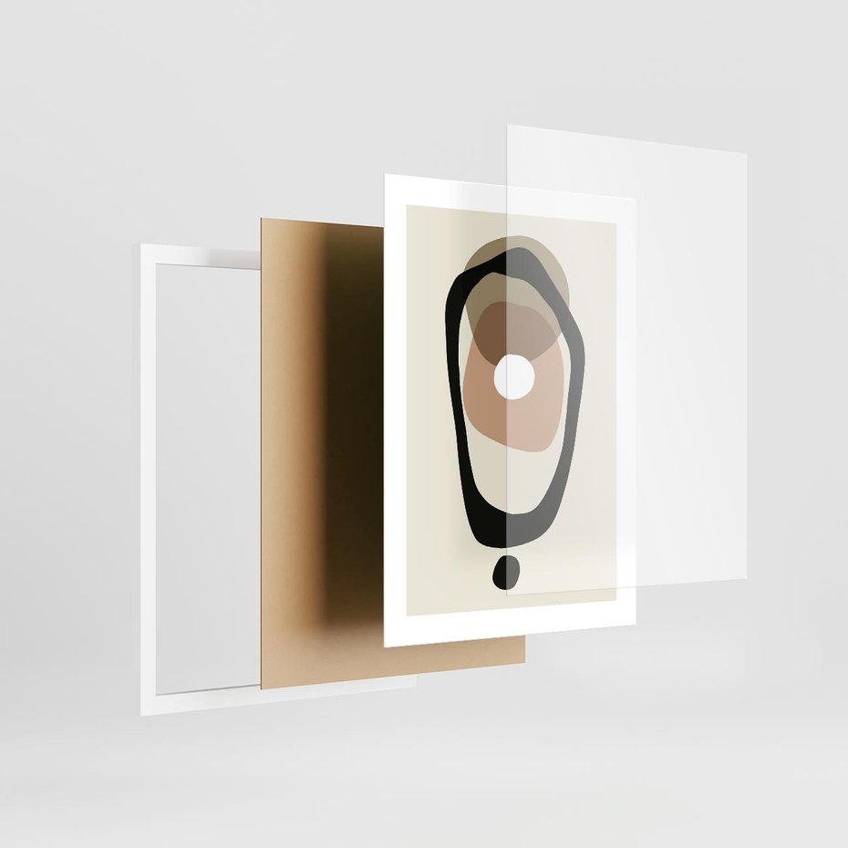 Plakat w ramie 30x40 - Intrygujące Zaskoczenia - beżowa abstrakcyjna kompozycja, czarny akcent - rama biała