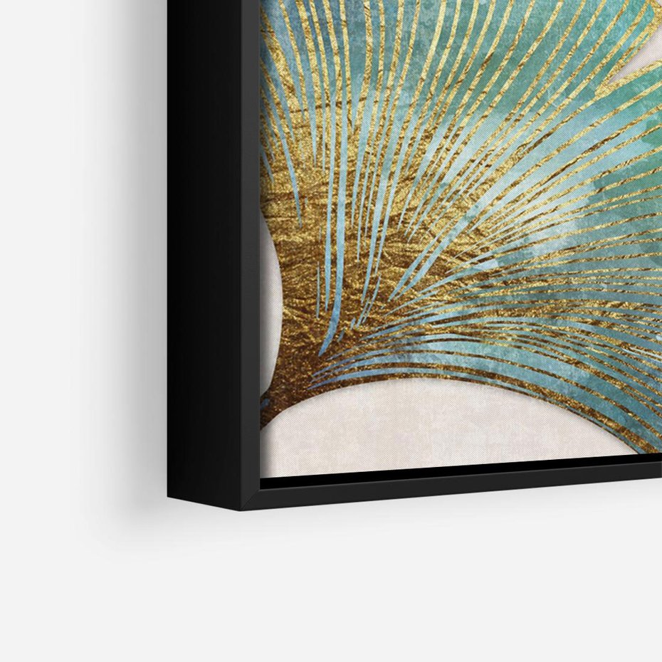 Obraz w ramie 100x70 - Złota Melodia Liści - złote, turkusowe liście miłorzębu - rama czarna