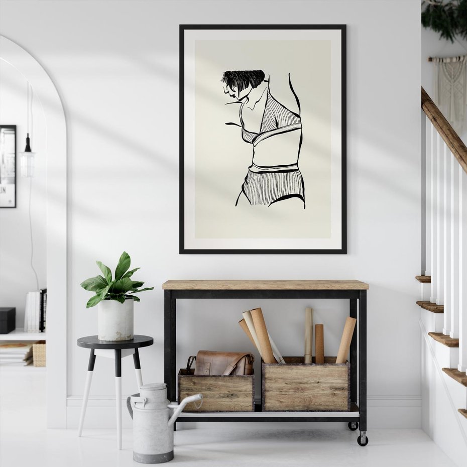 Plakat w ramie 40x50 - Minimalistyczny Urok - szkic, kobieta w bieliźnie - rama czarna