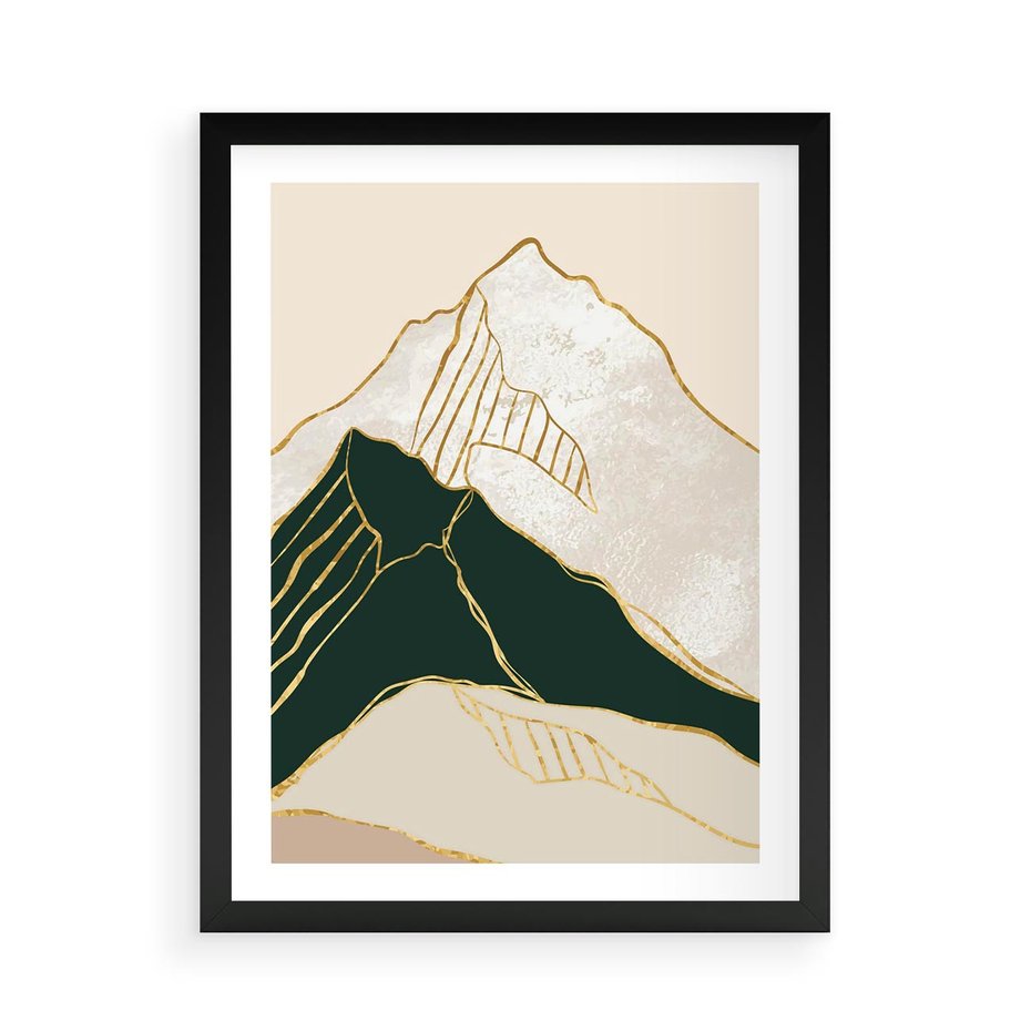 Plakat w ramie 50x70 - Minimalistyczne Góry: Złota Sztuka Natury - minimalistyczna grafika, góry - rama czarna
