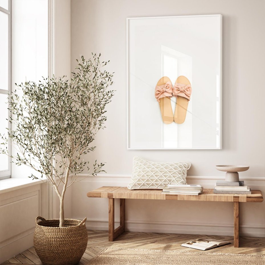 Plakat bez ramy 50x70 - Minimalistyczna Moda: Klapki na Białym Tle - klapki, minimalizm