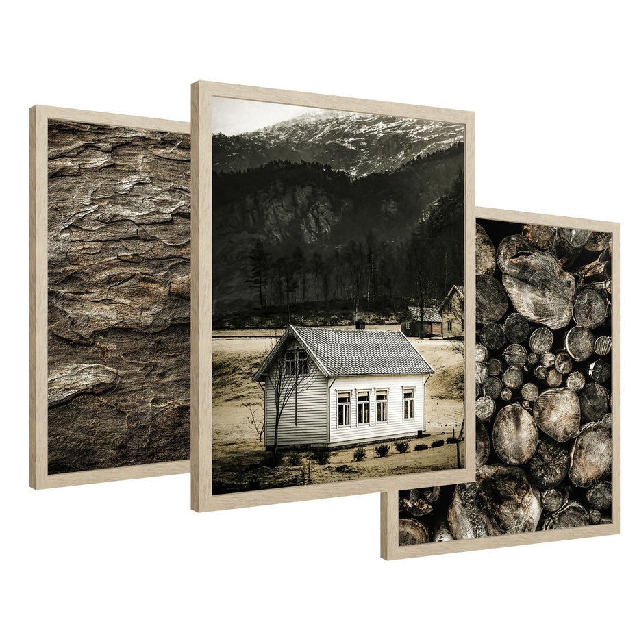 Zestaw obrazy w ramie 40x50 galeria - Sepia, domek, w, górach - rama drewno