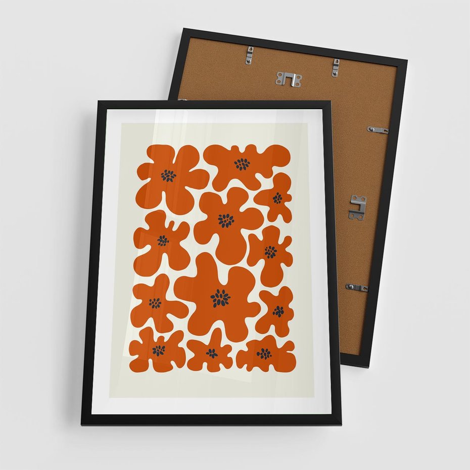 Plakat w ramie 50x70 - Wibracje Przestrzeni - abstrakcyjne czerwone kwiaty, kompozycja - rama czarna