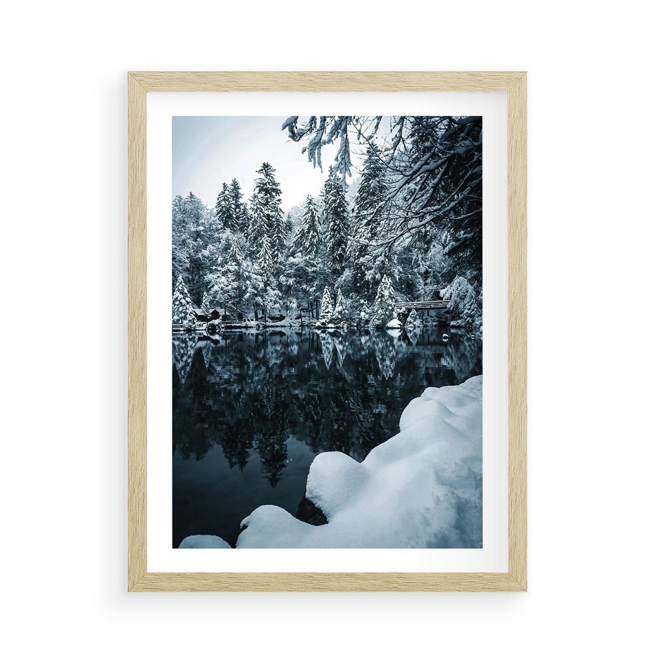 Plakat w ramie 50x70 - Zima nad Jeziorem - krajobraz zimowy, jezioro - rama drewno