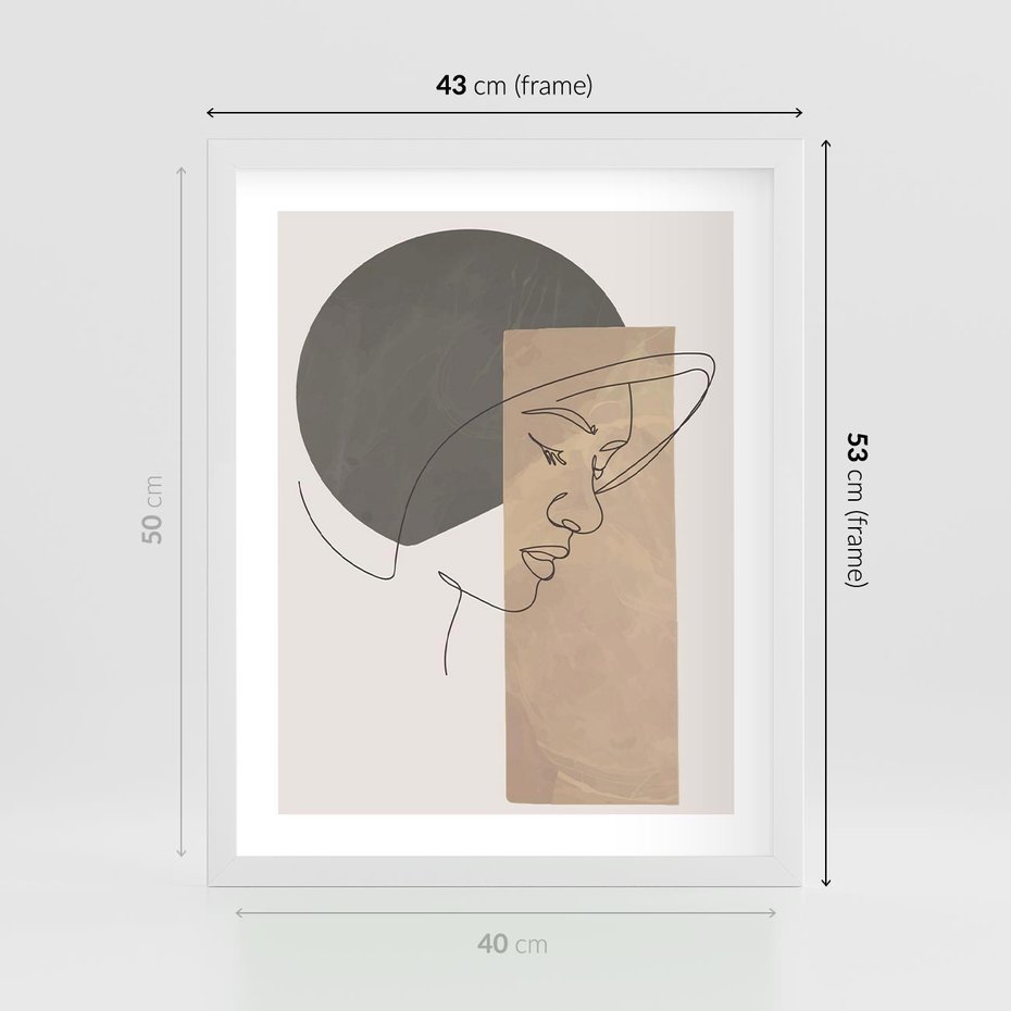 Plakat w ramie 40x50 - Jedną Linią: Kobieca Twarz - abstrakcja, plamy w tle - rama biała
