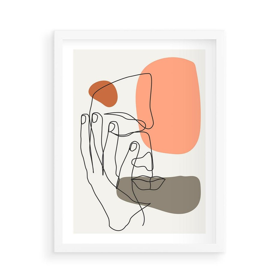 Plakat w ramie 50x70 - Ekspresja Kolorów: Szkic - one line szkic twarzy, kolorowe plamy - rama biała