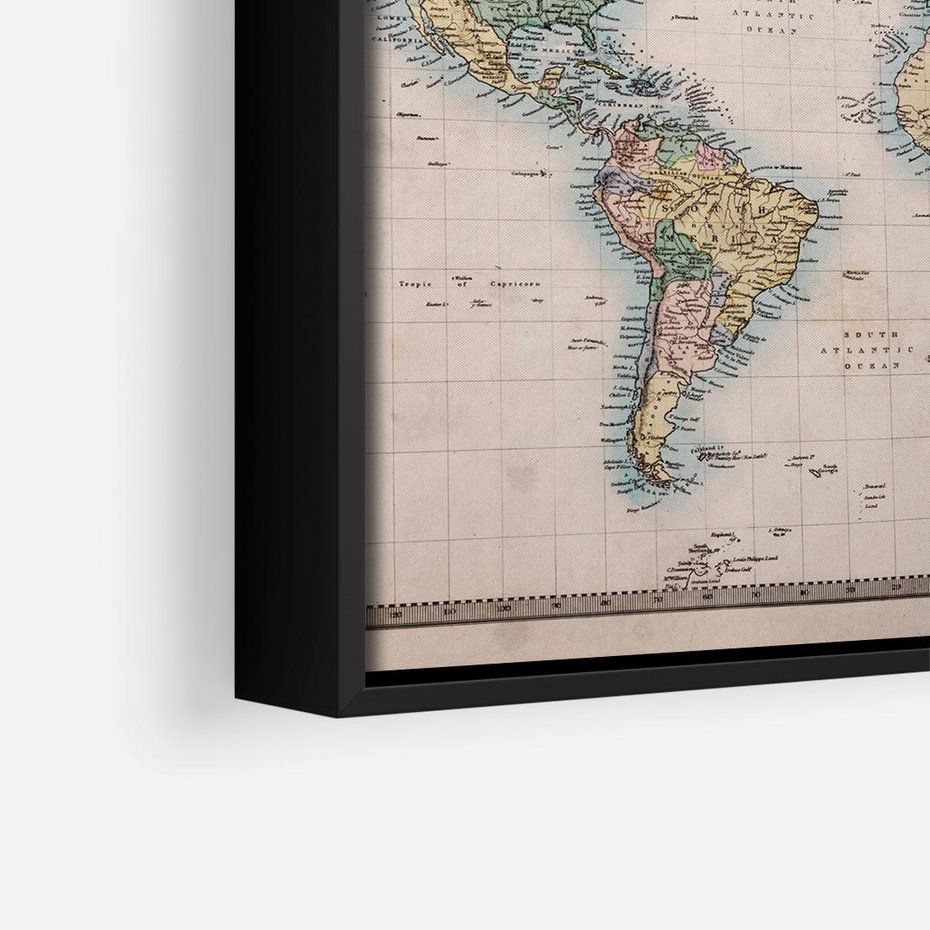 Obraz w ramie 50x50 - Światło Przeszłości - retro mapa świata, mapa - rama czarna