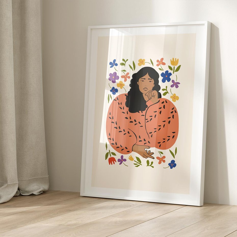 Plakat bez ramy 40x50 - Rozplątane Emocje - nowoczesny plakat, kobieta otoczona kwiatami